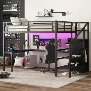 Metal Queen Loft Bed with L-Shaped Desk, USB Charging Port, Wardrobe, Adjustable Shelf, and LED Lights, High Loft Bed with Stairs for Teens and Adults, Black