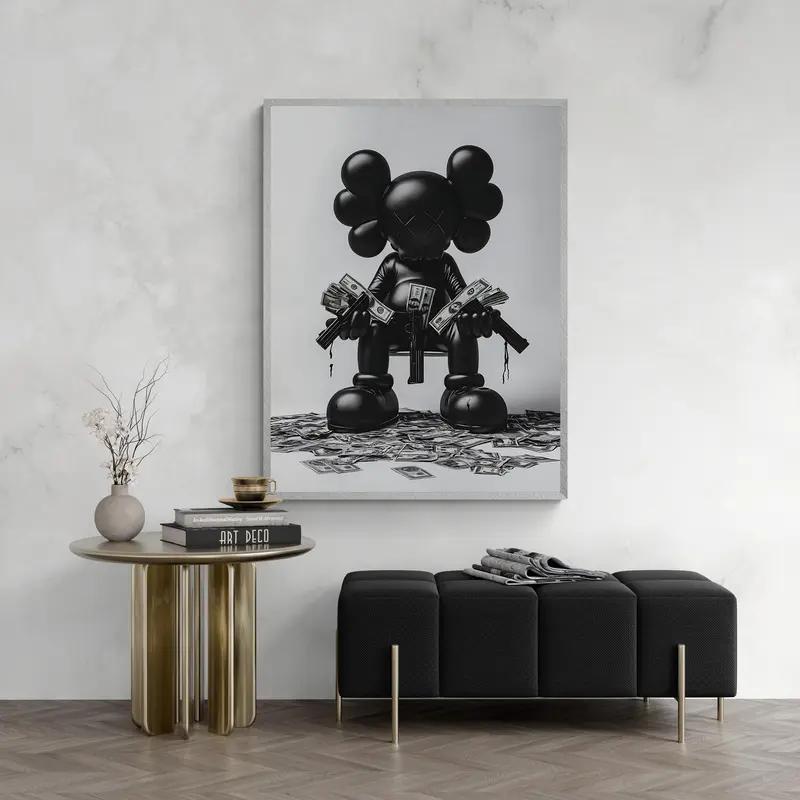 "Gun-Money" poster, a poster of trendy toys,  a printable wall art piece of figurines, in a minimalist trendy decoration style, a gift for the boyfriend, and an aesthetic poster for the room.