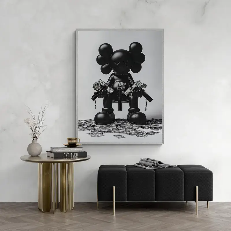 "Gun-Money" poster, a poster of trendy toys,  a printable wall art piece of figurines, in a minimalist trendy decoration style, a gift for the boyfriend, and an aesthetic poster for the room.
