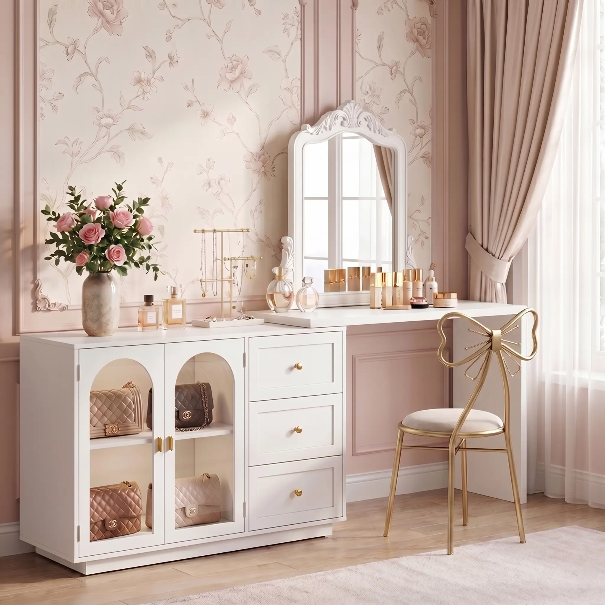 【Summervibes】RoyalCraft 2-in-1 Makeup Vanity Desk & Office Desk, Multifunctional and Space-Saving Extendable Corner Table with Drawers, No Mirror, Dressing Table for Bedroom, Vanity Desk for Working, Studying, Drawing, Sewing, Nail Care (White, Beige)