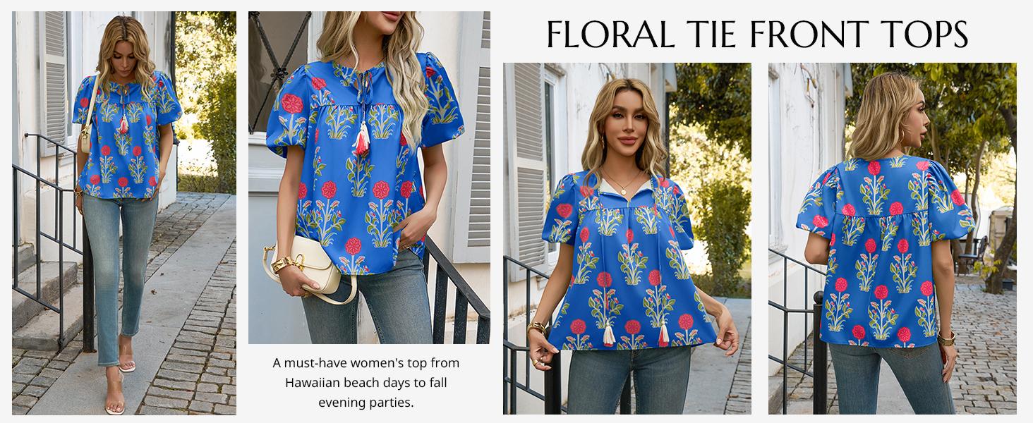 Cicy Bell Womens Boho Floral Blouses Short Puff Sleeve V Neck Babydoll Shirts Flowy Tie Front Tops