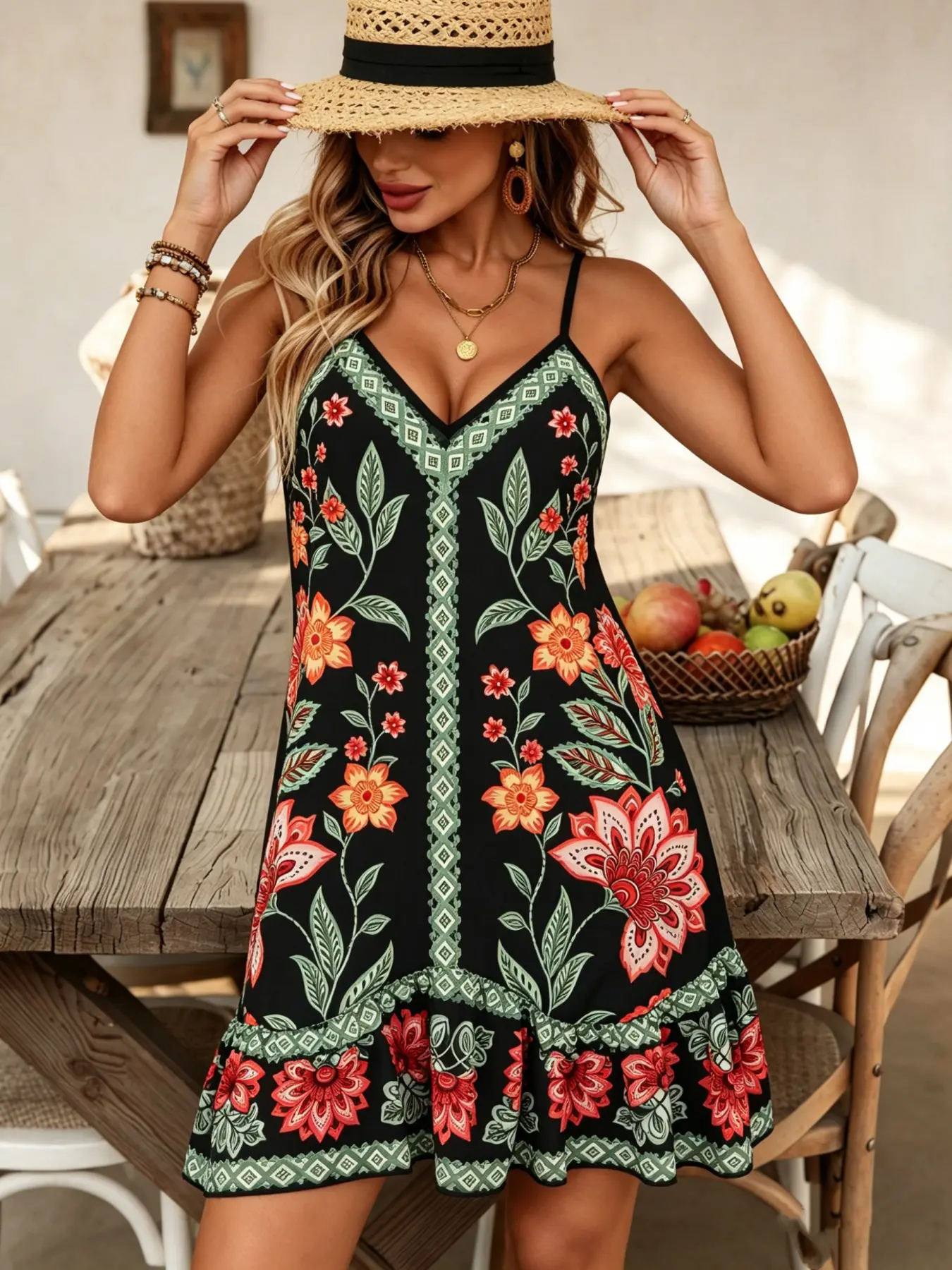 New Summer Fashion Casual Comfortable Elegant Sexy Floral Print V Neck Ruffle Dress for Daily Wear