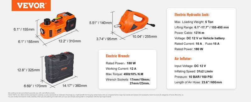 VEVOR 12 in 1 Electric Car Jack Set,  Max 5 Ton/11023 LBS Hydraulic Jack with Electric Impact Wrench, Built-in Inflatable Pump and LED Light, Portable Car Lift for SUV MPV Sedan Truck Change Tires Garage Repair VEVOR Super Brand Day