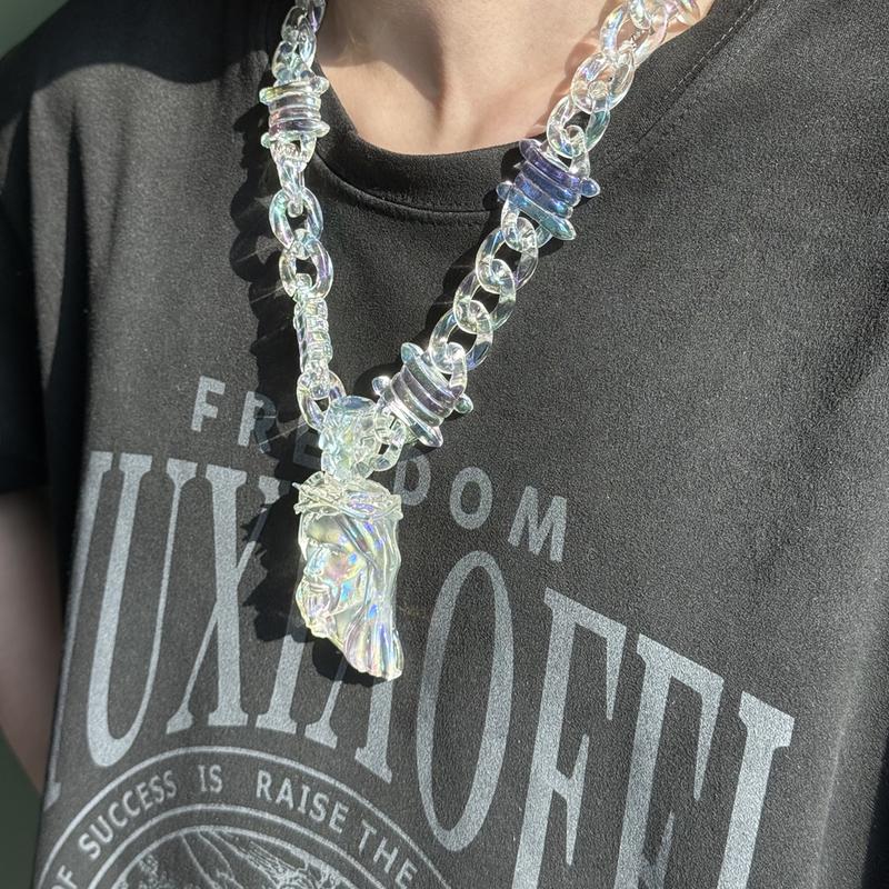 Jesus pendant necklace-iridescent , transparency acrylic with a thick 3D Jesus carving, featuring premium gold plating for a metallic shine. Blends street style with religious symbolism. -TikTokShopBlackFriday, unisex design.-Christmas gifts Jesus pendant necklace-iridescent , transparency acrylic with a thick 3D Jesus carving, featuring premium gold plating for a metallic shine. Blends street style with religious symbolism. -TikTokShopBlackFriday, unisex design.-Christmas gifts