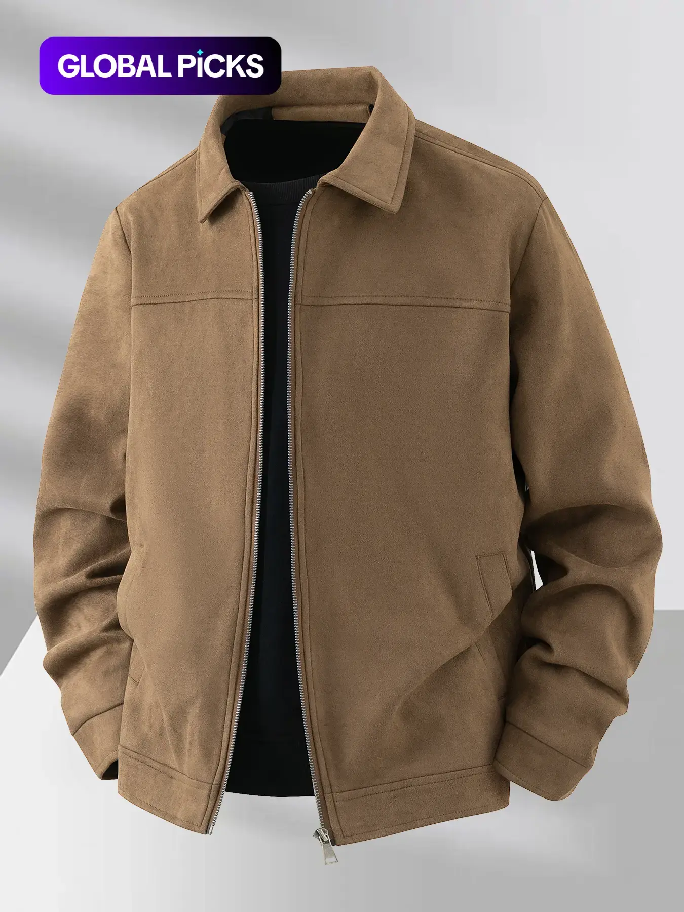 Men's Spring Collared Zipper Long Sleeve Jacket Coats, Casual Fitted Coat, Casual Faux Suede Outerwear, Durable Fabric, Ideal for Daily Wear Menswear