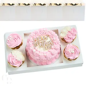 Bento Cake and Cupcake box with 4 cupcakes and a 6x6in slot for 1; 4-5in cake white box with clear lid
