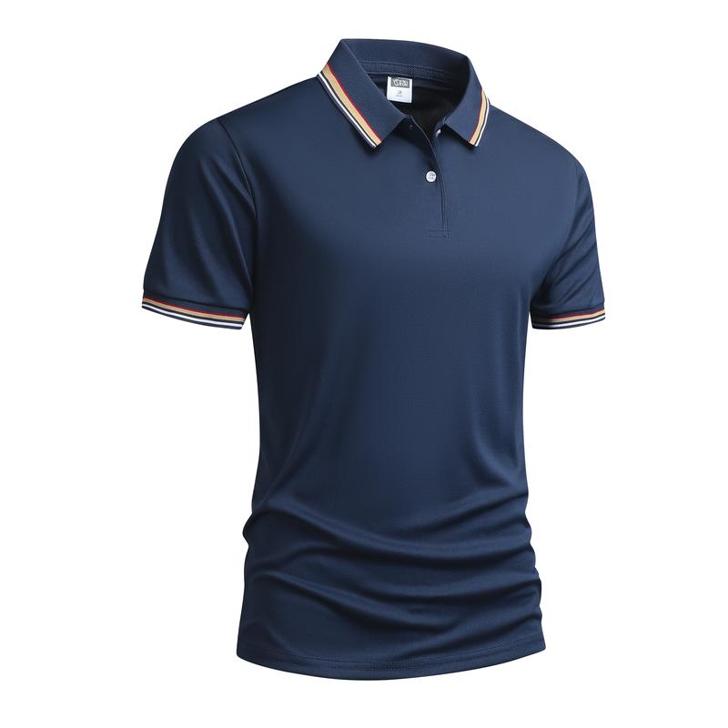 Men's Solid Black Polo Shirt with Orange & White Trim Turn-down Collar Short Sleeve Summer Versatile Business Casual Top