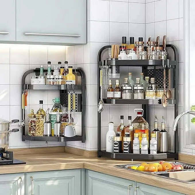 Corner Spice Rack Organizer - Stainless Steel & ABS Kitchen Shelf with Knife Holder, Hooks, and Anti-Rust Design for Countertop Storage, for Kitchen, Office(3 Tier,Large)