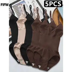 5-Piece Seamless Shapewear Bodysuit for Women with Abdominal Compression and Hip Lift Function - Tummy Control, No Padding, Stretch Nylon Spandex Blend Fabric, Black/Brown/White/Beige/Navy Blue, Suitable for Travel and Casual Wear, Comfortable Underwear S