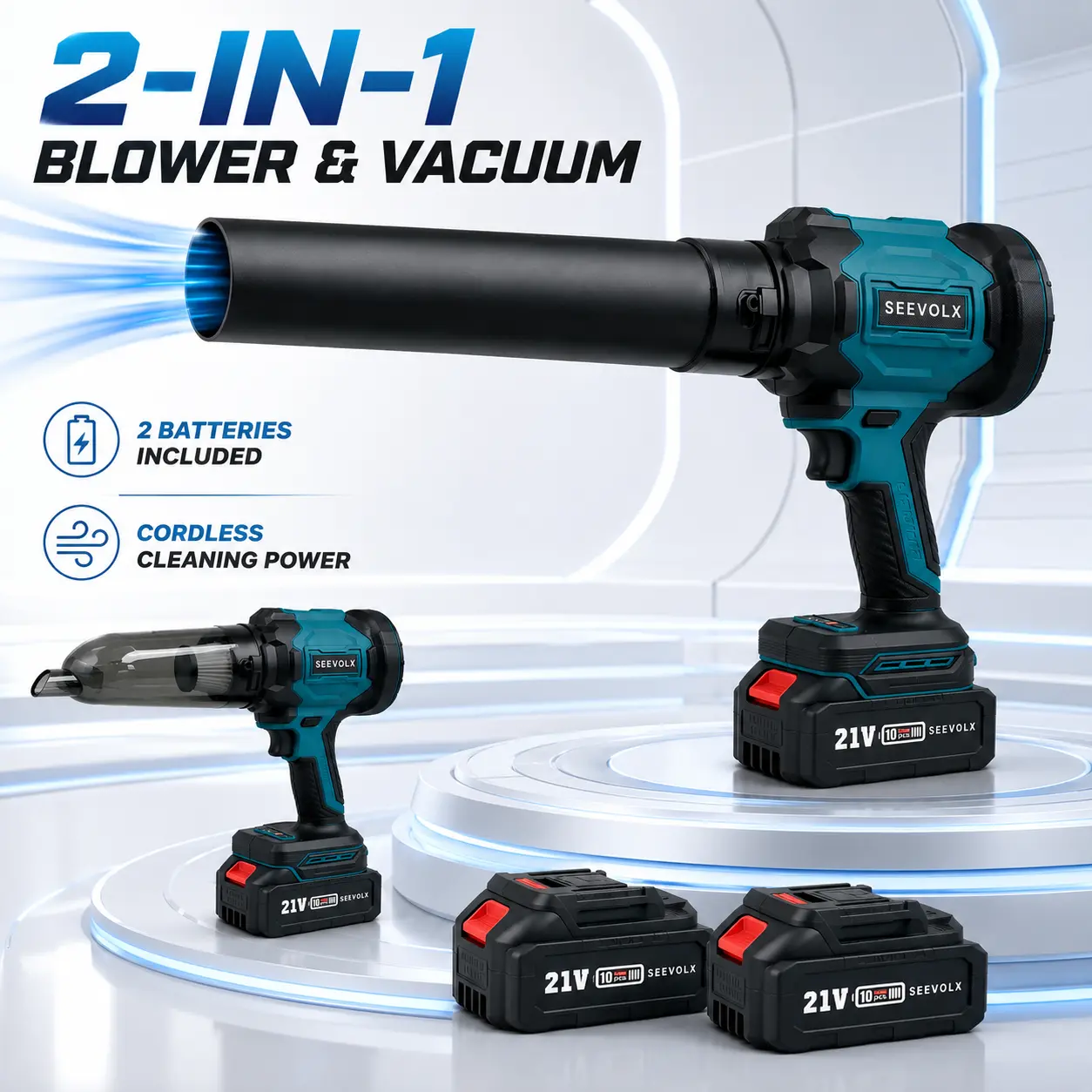 SEEVOLX 21V Cordless 2-in-1 Leaf Blower & Vacuum, Handheld Air Duster with 2 Batteries, Extension Tube, Dust Cup, Filter for Car Drying, Garage Cleanup