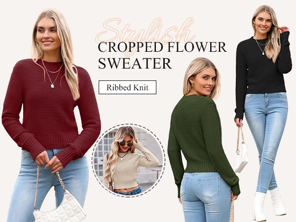 Women's Fall Crewneck Cropped Sweater Trendy Long Sleeve Ribbed Knit Pullover Jumper Tops