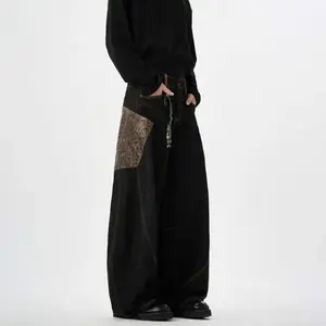 AmericanRetroPlaidPatchworkScimitarJeansforMenSpringandAutumnNewStylePersonalityStreetVibeWide-legVersatileLongPants