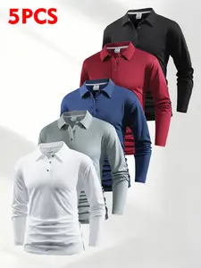 5-Pack Men’s solid-color long-sleeve polo shirt with a turn-down collar, breathable and comfortable, suitable for business casual wear and everyday leisure. Masculine Plain Polo Jacket Menswear