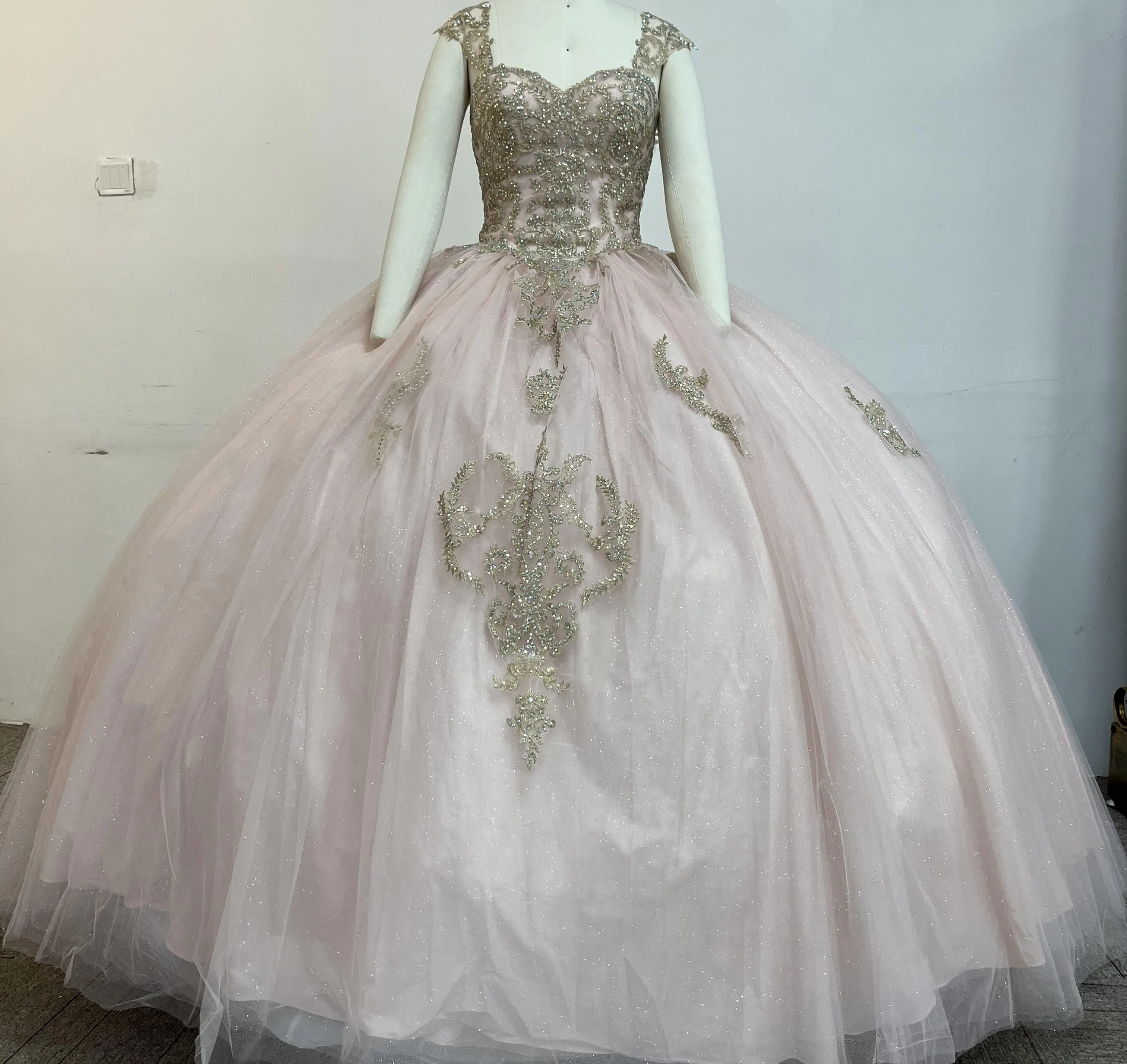 Women's No.13 Quinceanera Tulle Ball Gown - Adjustable-Strap Formal Dress, Burgundy-Gold Options, Party Fit, Size S