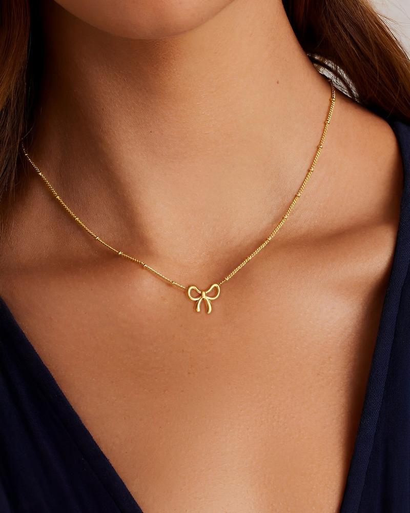 17KM 14K Gold Plated Bow Necklace for Women - Dainty Tiny Cute Bow Pendant Choker Chain - Adjustable Length with Lobster Clasp - Trendy Jewelry Gift