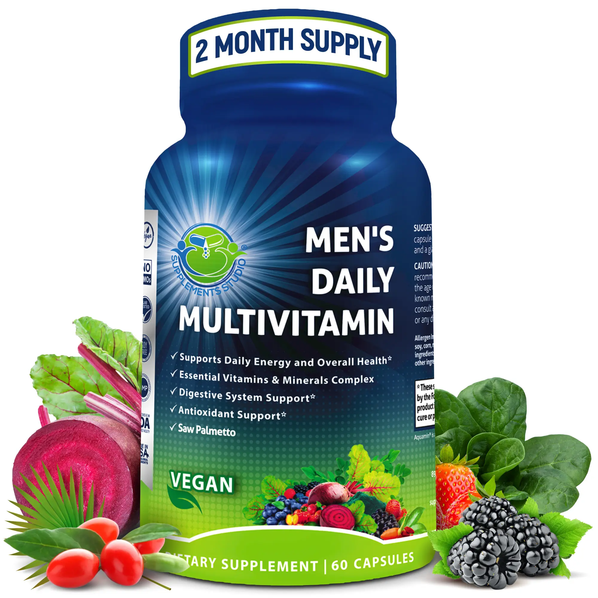 SUPPLEMENTS STUDIO Men’s Multivitamin - Vegan Multivitamin with Methylated B Vitamins, Saw Palmetto, Biotin, Probiotics & Organic Superfood Blend - Supports Energy & Gut Health - Easy to Swallow - 60 Capsules