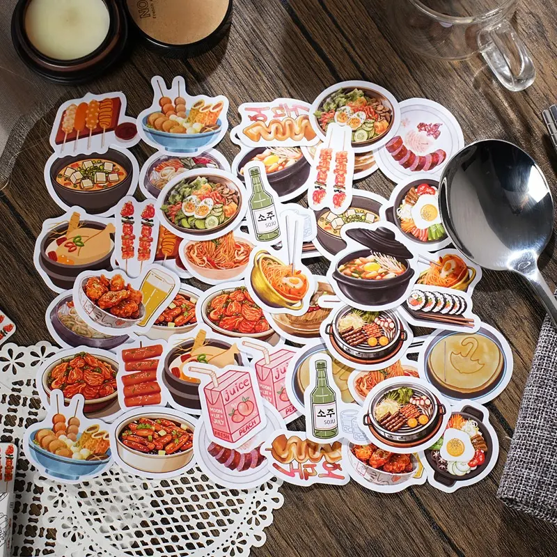 Korean Cuisine Series Stickers Box Set, 46 Sheets Per Box, Adhesive Stickers, Decorative Seals for Journals & Water Bottles, Multi-Scene Use