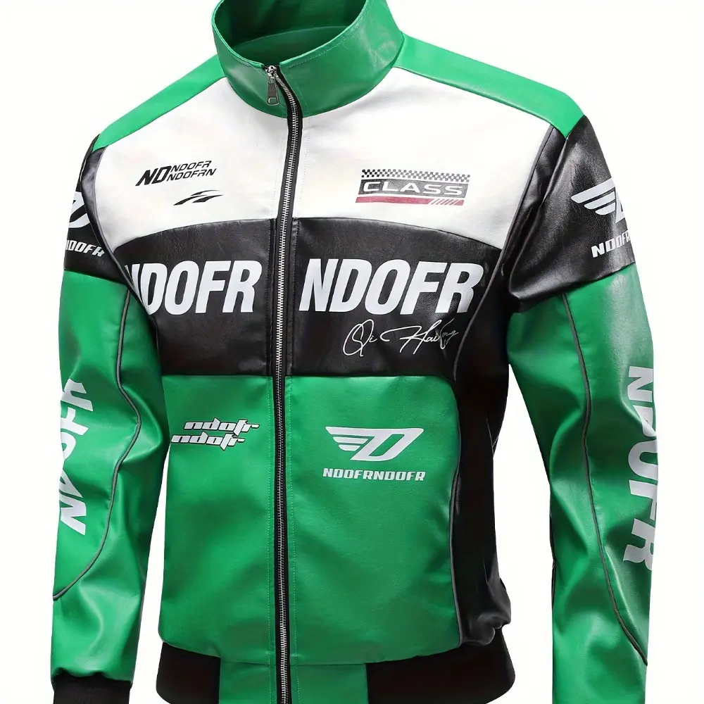 Men's Bold Colorblock PU Leather Zip-Up Coat - Racing Look Streetwear, Stand Collar, Printed Hood, Mens Tops, Size M