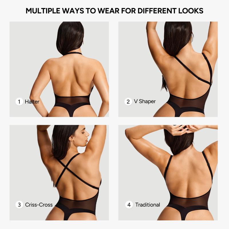 Nebility Women's Deep V Mesh Shapewear Bodysuit with Adjustable Straps for Chest Support and Tummy Control Thong Design for Snatched Waist Womenswear Compression Basic Minimalist Black