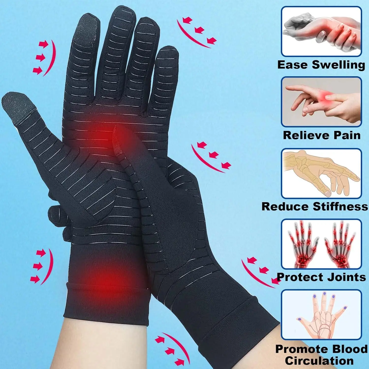 Copper Fiber Support Gloves for Adults - Full Finger Breathable Glove Design to Alleviate Hand Pain, Joint Relief for Arthritis Patients, M, Compression Gloves