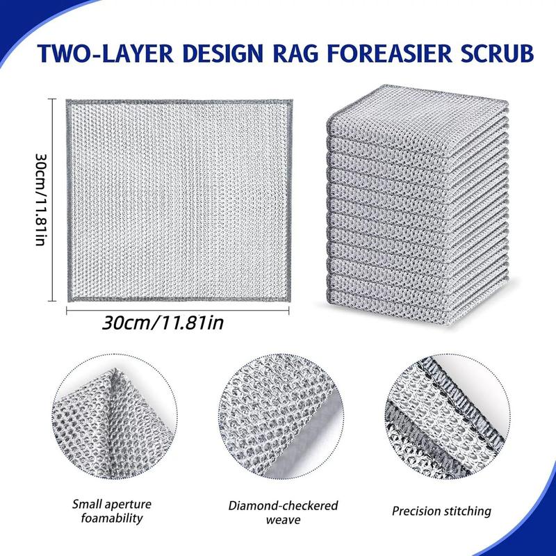 10 Counts Dishwashing Rags 30×30Multipurpose Non-Scratch Wire Dishcloths for Wet and Dry Use, Reusable Wire Cleaning Cloths for Kitchen, Sinks, and Pans Silver Removable, Washable & More Free 5-piece silicone kitchen utensil set (spatula, oil brush, etc.)