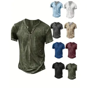 Men's Distressed Henley Shirt - Slim Fit Short Sleeve Button-Up Cotton T-Shirt with V-Neck & Placket Detailing, Machine Washable Casual Shirt in Olive Green, Black, Blue, Burgundy, Sporty Apparel |     Athletic Style |       Comfortable Tee Fabric M