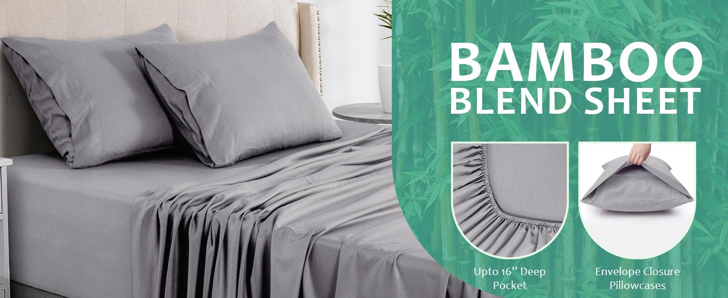 Lux Decor 4pc Bamboo Sheet Set, Cooling Bed Sheet Set, Ultra-Soft Deep Pocket Hotel Style Bedding Set, Wrinkle-Free & Fade Resistant Sheets with Pillowcase, Decorative Bedsheet Sets, Durable Bedding Accessories