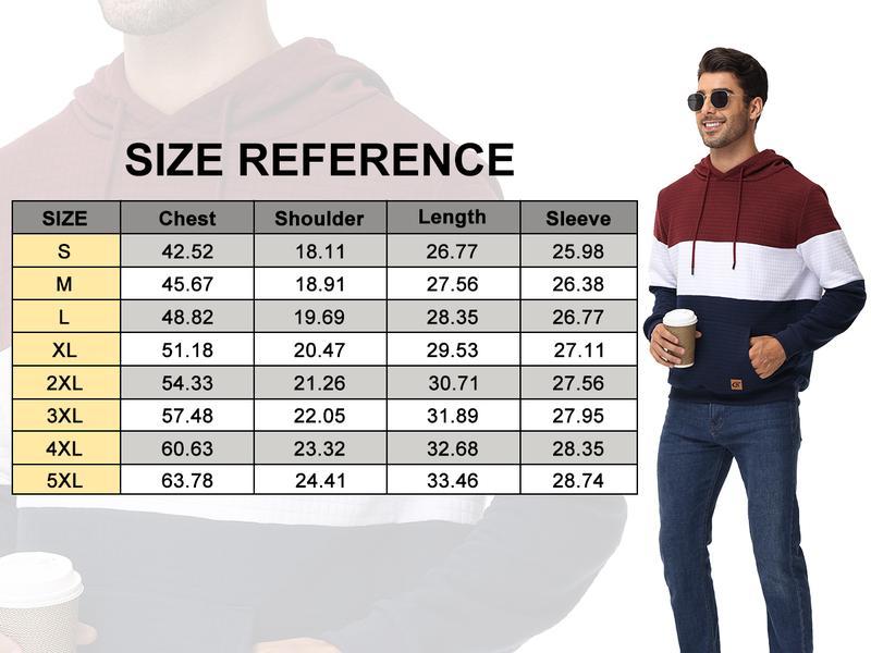 Men's Sweatshirts Long Sleeve Pullover Patchwork Plaid Jacquard Hoodie Casual Drawstring Hoody Top Breathable Sportswear with Kangaroo Pocket & Adjustable Drawstring
