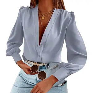 Women's Elegant Chic Lady Style Business Casual V-Neck Long-Sleeve Silk Button-Down Chiffon Blouses for Summer