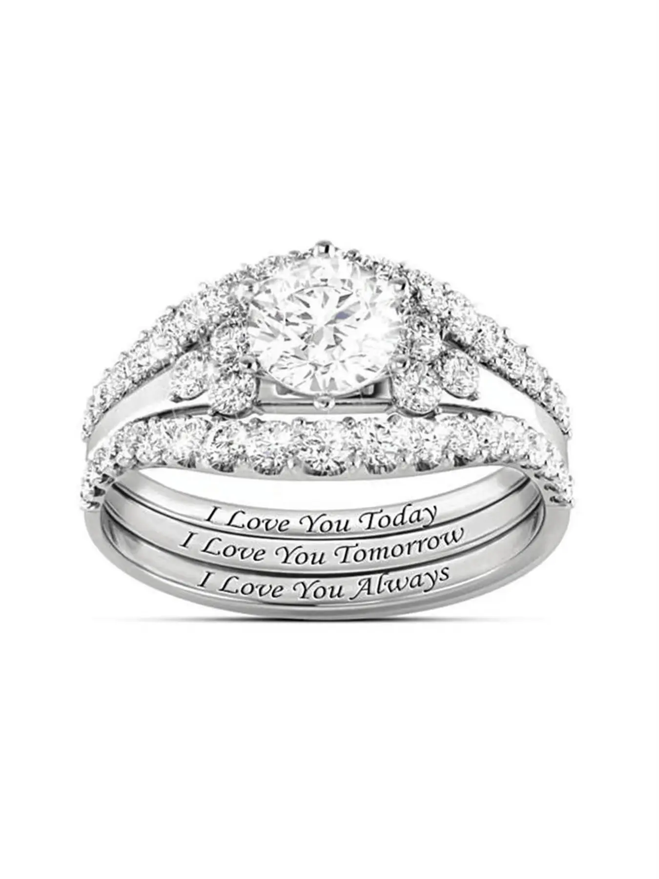 Zircon Fashion Three-Piece Gemstone Ring Set, I Love You Letter Rings, Perfect for Engagement & Wedding, Stylish Jewelry for Men & Women, Stackable Finger Rings, Elegant Ring Set