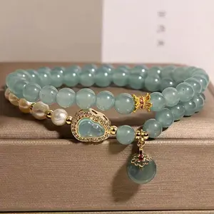 Blue Water Jade Double-loop Bracelet Women's Light Luxury Niche Retro Peace Buckle Gourd Bracelet New Year Good Luck