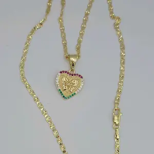 Heart with Butterfly beautiful necklace regular style gold-plated 3-colors stone's 18"inches small size chain