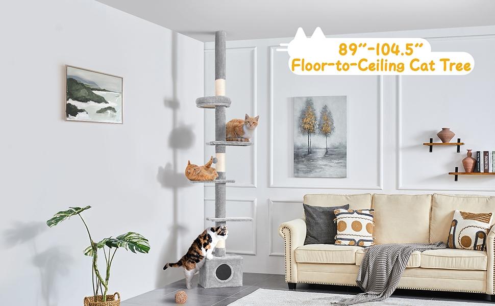 Yaheetech Adjustable 7.4-8.7FT Floor-to-Ceiling Cat Tree with 1 Condo 4 Perches & Scratching Posts Multi-level Cat Tower for Small/Medium Cats - Vertical Scratcher