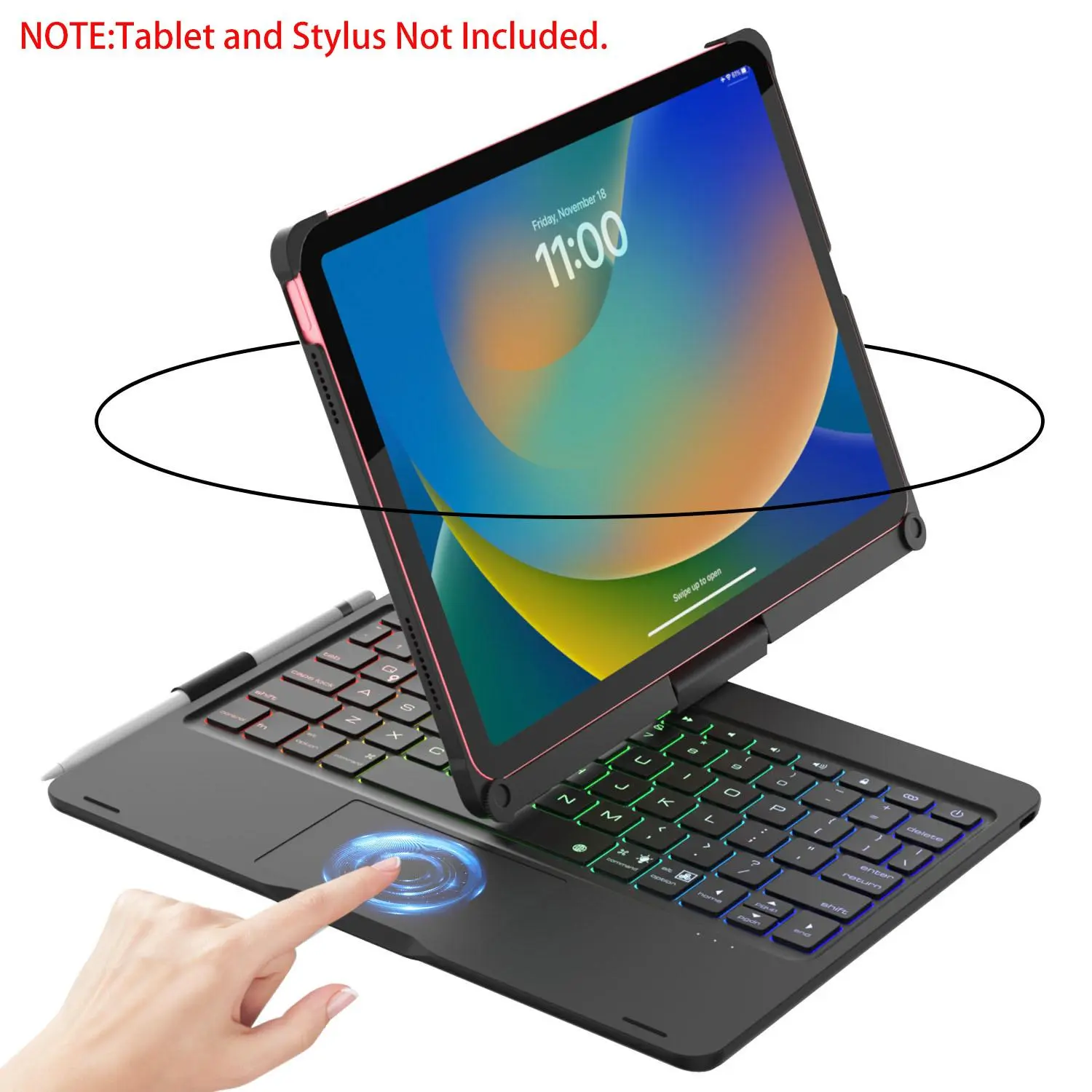 Wireless Keyboard Case for iPad Tablet with Multi-Touch Touchpad, 360° Swivel Aesthetic Design, Rainbow Backlit Keyboard, Pencil Holder, Multiple Color Options