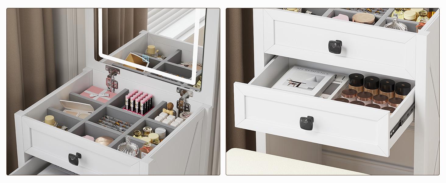 Miuvanity Farmhouse 3 in 1 Vanity with Mirror, 3-Color Adjustable Lighting, Cushioned Stool for Bedroom Organization & Beauty Routines