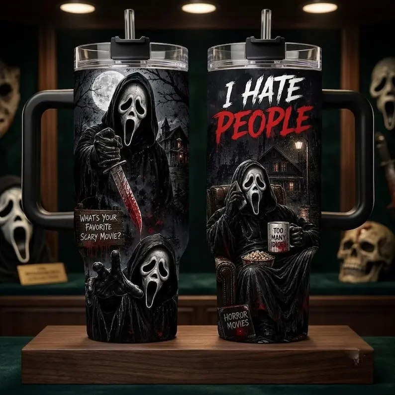 Horror Ghostface 20oz 40oz Tumbler, Scary Movie Inspired Travel Mug, I Hate People Insulated Cup, Gothic Halloween Coffee Tumbler, Horror Gift