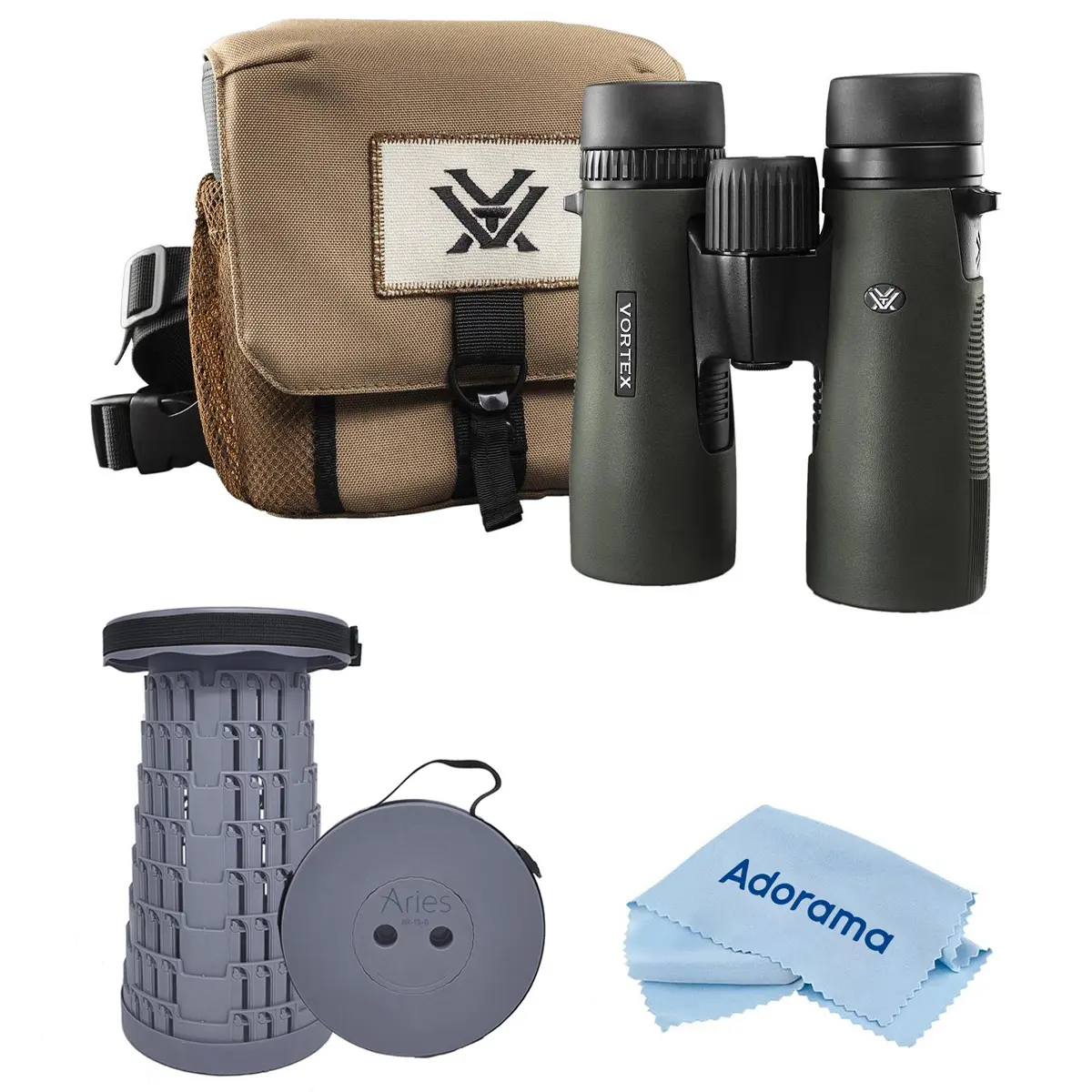 Vortex Optics 10x42 Diamondback HD Waterproof Roof Prism Binocular with 6.3 Degree Angle of View, Bundle with Telescoping Stool/Chair and Cleaning Cloth