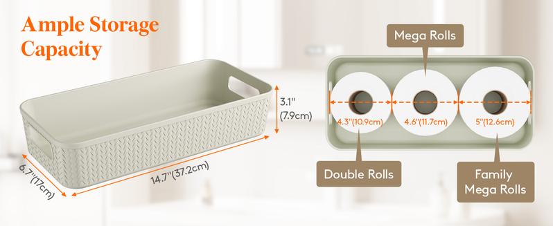 Toilet Paper Basket with Handle, Plastic Wicker Toilet Basket Tank Topper for Decor, Small Back of Storage Organizer Bin for Bathroom