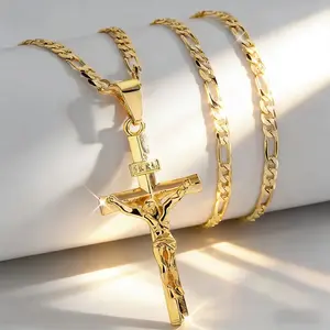 Men's Vintage 14K Gold-plated Jesus Cross Pendant  With Smooth Chain Religious Jewelry For All Year Round Easter Graduation Gift Necklace