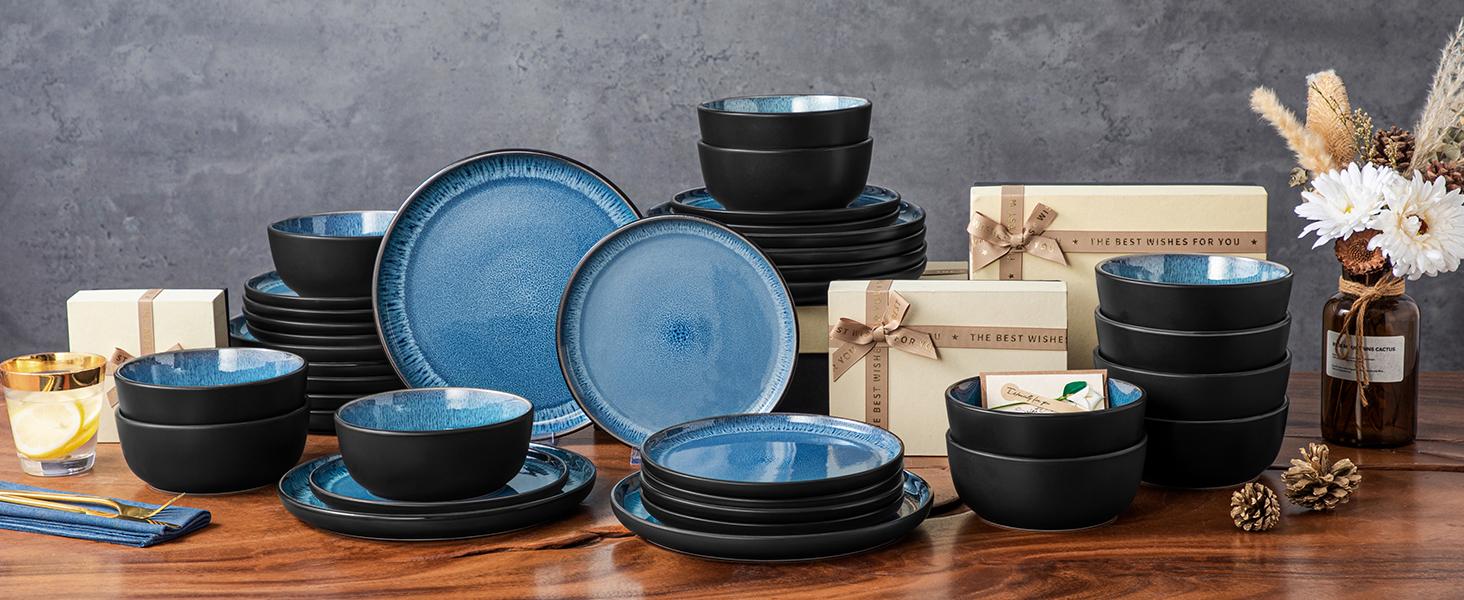 vancasso PLA Plates and Bowls Sets, 16/18/24 Pieces Stoneware Dinnerware Sets Dishes Set Modern kitchen Dishware Sets Service for 4-6 People, Dishwasher and Microwave Safe, Blue, Black, Green Set
