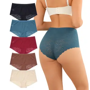 LEVAO High Waist Seamless Lace Panties for Women – BoyShorts No Show Soft Stretch Panties 5 Pack S-XXL