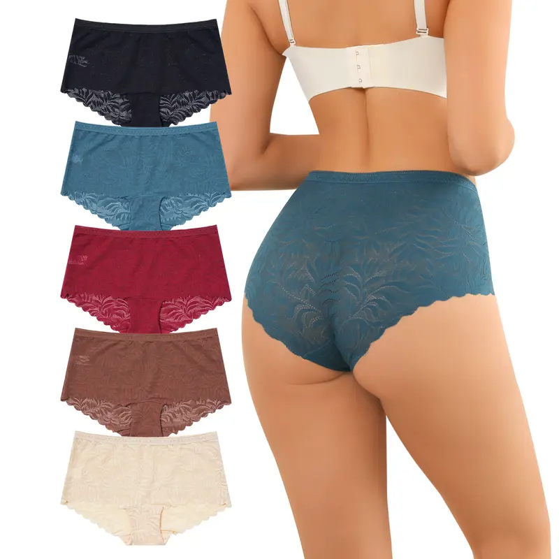 LEVAO Women's High-Waist Seamless Lace Boy Shorts Panties, 5-Pack Multicolor A Sexy Underwear for Women, Lightweight No-Show Soft Stretch with Scalloped Edge Full Coverage, Cotton-Lined Gusset, S-XXL (for Daily Wear),sohochic