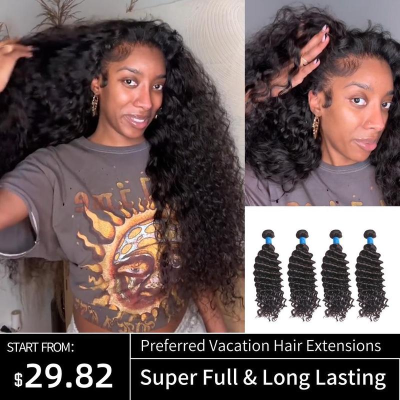 [Valentine's Day Special]  Ashine Vacation Hair 10A Brazilian Virgin 100% Human Hair Deep Wave Deep Curly Bundles Sew In Quick Weave Ponytail Closure Extensions One-directional Cuticles-sleek, Tangle-resistant, and Re-wearable 12-30 Inches Afro Kinky Bulk