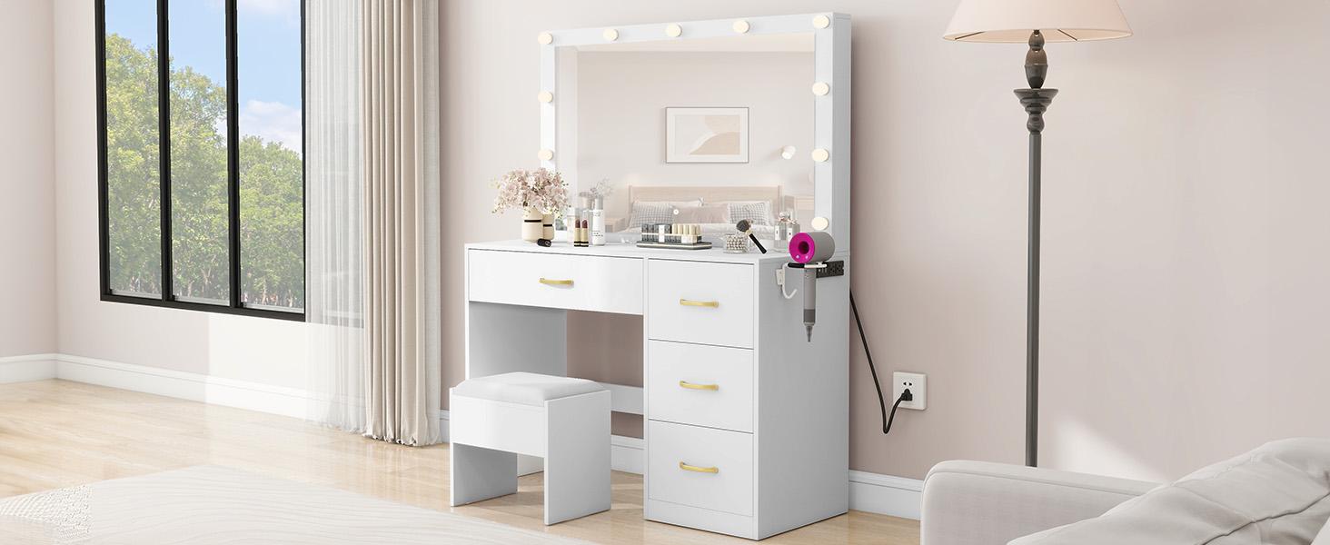 Yitahome Makeup Vanity with Lights and Charging Station, Vanity Mirror with Lights and Table Set, Large Vanity Desk with Storage Shelves, 3 Lighting Colors, White/Black