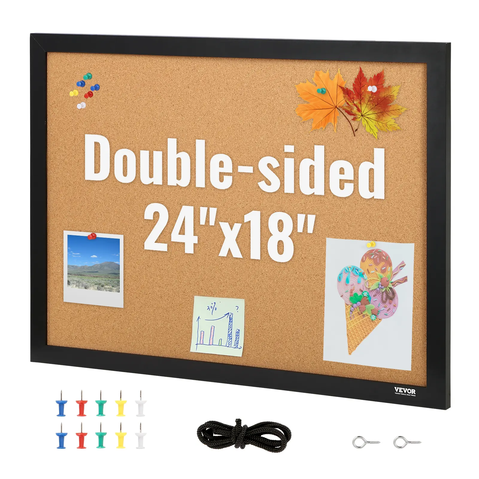 【Summerfinds】VEVOR Cork Board 24 x 18 inchesDouble-sided Bulletin Board with MDF Sticker FrameVision Board Includes 10 Pushpinsfor Display and Decoration in Office Home and School