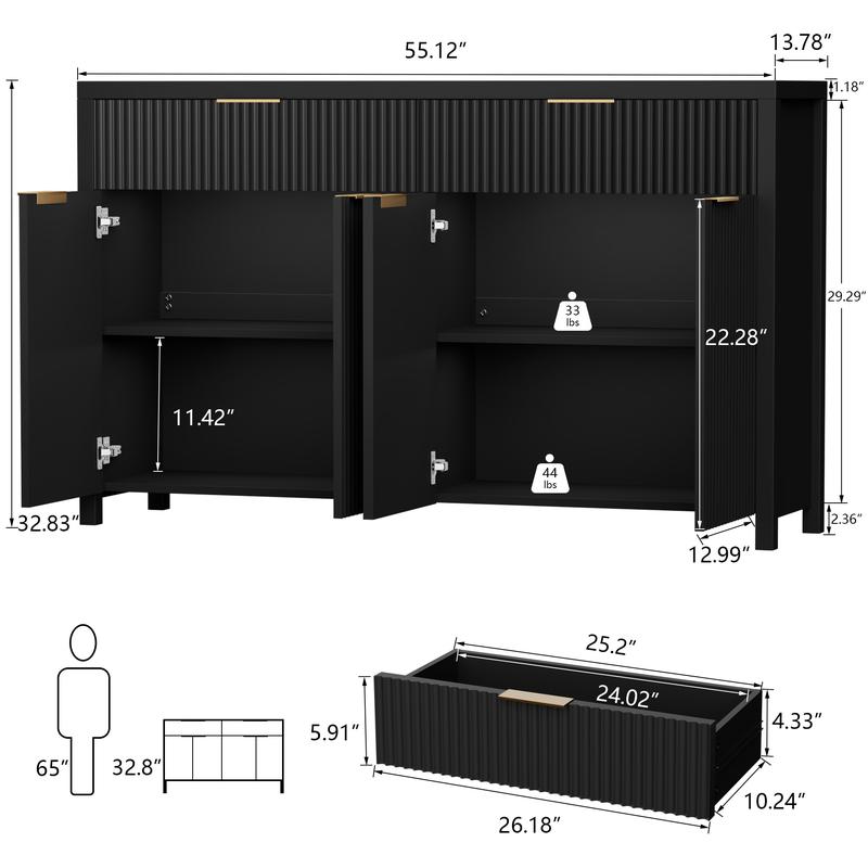 Aowos Modern Fluted Sideboard, Sideboard Cabinet, Wooden Dresser for Bedroom with 2 Wide Drawers, Entryway Table, 55" Buffet Cabinet with 2 Adjustable Shelves, Storage Cabinet for Dining Room, Entryway, Kitchen