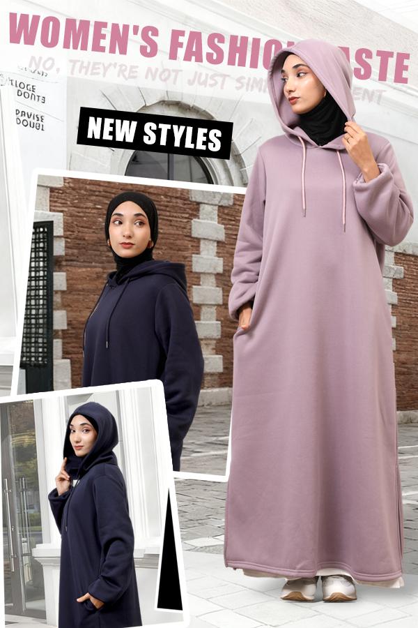 Winter Hoodie Abaya Dress with Pockets Fleece-Lined Wrinkle-Resistant Modest Wear for Women NCA012 100% Polyester Soft Brushed Lining Drawstring Hood Functional Side Pockets Loose Fit