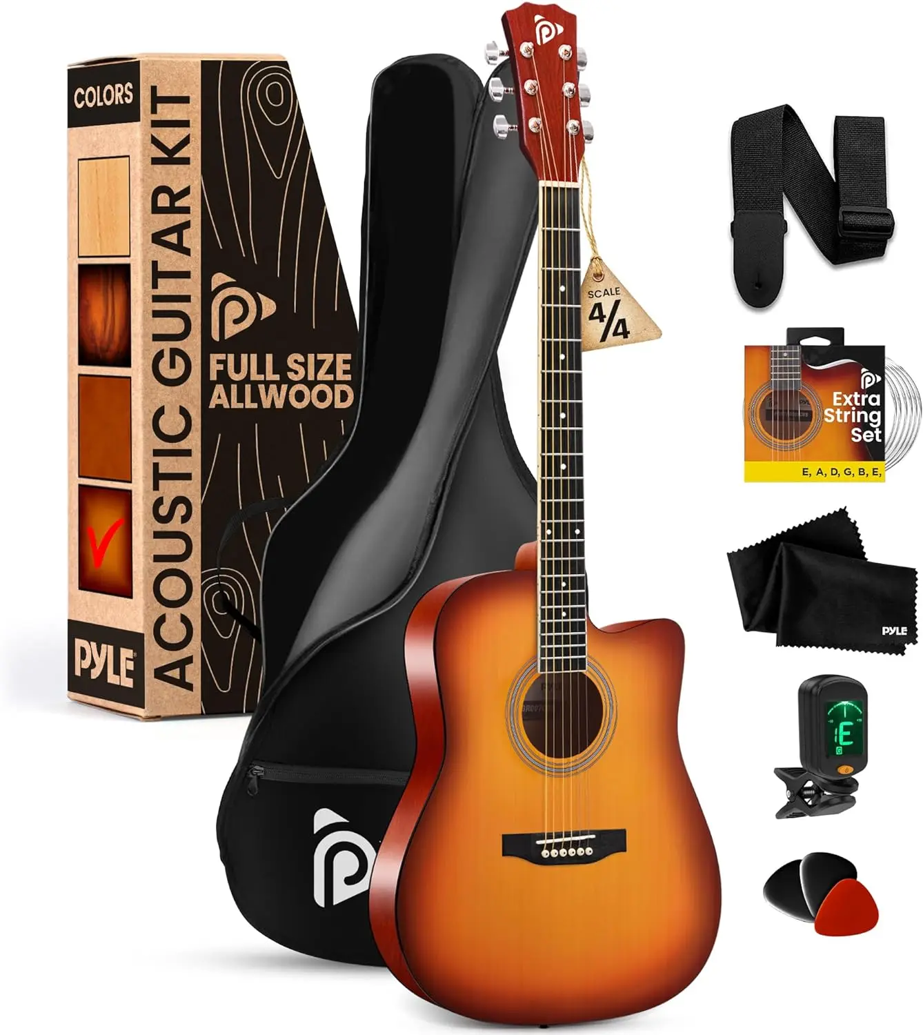 Pyle Standard Full Size 4/4 41" Steel Strings Acoustic Guitar Kit - All-Wood Cutaway, Gig Bag, Tuner, Capo, Guitar Picks, Cleaning Cloth & Accessories, Beginner-Ready Cherry Burst Glossy for Band Rehearsals, Practicing at Home, Shoulder Strap Guitars & Ge