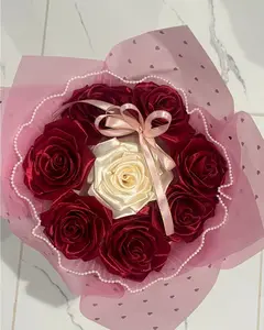 8 Rose Bouquet With Pink Bow Tie Ribbon Maroon and White Gifts Decoration Arrangement Proposal Anniversary