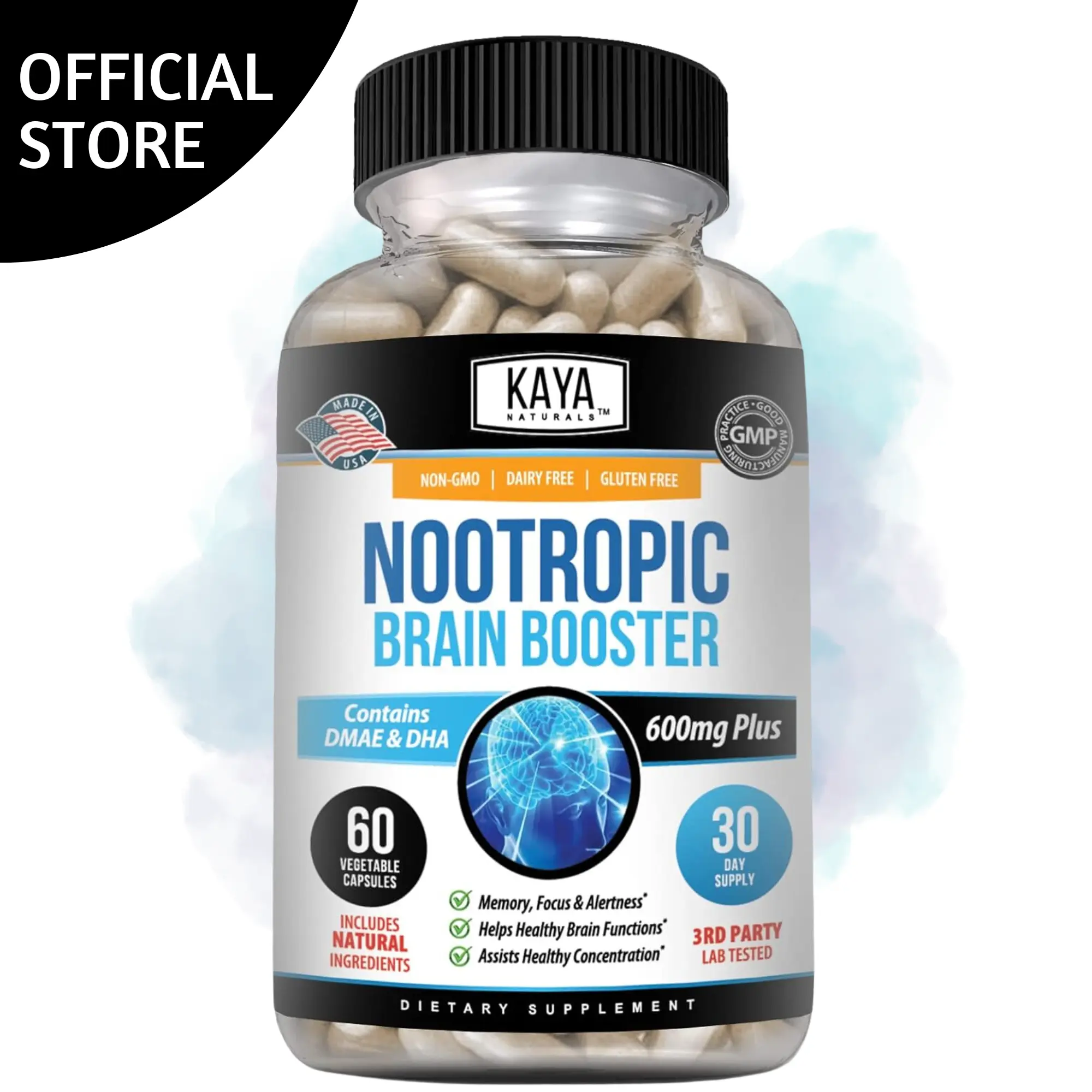 Kaya Naturals - Nootropic Brain Booster - Neuro Brain for Memory & Focus - Nootropic Energy Capsule Support Supplement - Focus & Concentration & Learning Accuracy - Cognitive Function - 60 Count Dietary Vitamin